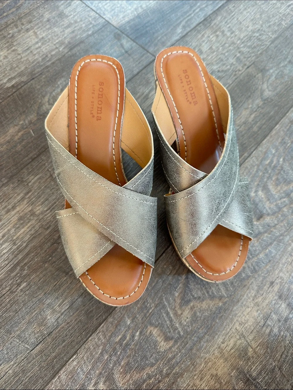 Sonoma Metallic Bronze Crisscross Cork Wedge Sandals